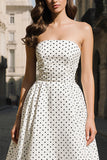 White Black Dots A Line Strapless Long Prom Dress