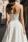 White Black Dots A Line Strapless Long Prom Dress