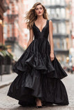 Black V-Neck A Line Tiered Ruffle Long Prom Dress