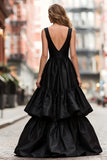 Black V-Neck A Line Tiered Ruffle Long Prom Dress