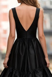 Black V-Neck A Line Tiered Ruffle Long Prom Dress