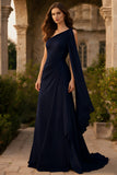 Navy Ruched One Shoulder A Line Long Prom Dress With Sash