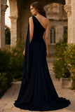 Navy Ruched One Shoulder A Line Long Prom Dress With Sash