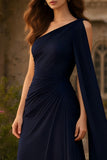 Navy Ruched One Shoulder A Line Long Prom Dress With Sash