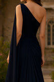 Navy Ruched One Shoulder A Line Long Prom Dress With Sash