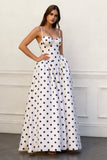 A Line White Black Dots Spaghetti Straps Long Prom Dress With Pockets