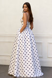 A Line White Black Dots Spaghetti Straps Long Prom Dress With Pockets