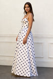 A Line White Black Dots Spaghetti Straps Long Prom Dress With Pockets