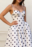 A Line White Black Dots Spaghetti Straps Long Prom Dress With Pockets