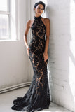 Mermaid Black Floral Halter Long Prom Dress