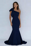 Navy One Shoulder Mermaid Long Prom Dress With Bow