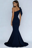 Navy One Shoulder Mermaid Long Prom Dress With Bow