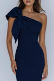Navy One Shoulder Mermaid Long Prom Dress With Bow