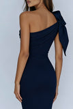 Navy One Shoulder Mermaid Long Prom Dress With Bow