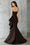 Mermaid Coffee Strapless Long Formal Dress With Ruffles
