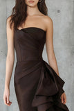 Mermaid Coffee Strapless Long Formal Dress With Ruffles