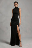 Black Sheath High Neck Long Formal Dress With Slit