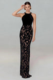 Black Floral Mermaid Halter Long Prom Dress