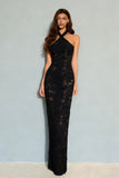 Elegant Black Halter Floral Mermiad Long Formal Dress