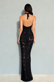 Elegant Black Halter Floral Mermiad Long Formal Dress