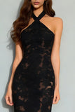 Elegant Black Halter Floral Mermiad Long Formal Dress