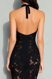 Elegant Black Halter Floral Mermiad Long Formal Dress