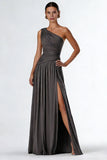 A Line Dark Grey One Shoulder Long Formal Dress With Slit