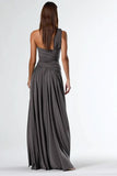 A Line Dark Grey One Shoulder Long Formal Dress With Slit