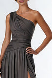 A Line Dark Grey One Shoulder Long Formal Dress With Slit