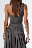 A Line Dark Grey One Shoulder Long Formal Dress With Slit
