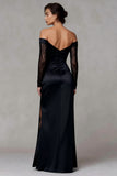 Off the Shoulder Black Sheath Long Sleeve Formal Dress With Slit