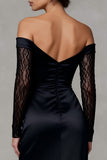 Off the Shoulder Black Sheath Long Sleeve Formal Dress With Slit