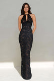 Halter Black Mermaid Floral Cut Out Long Prom Dress