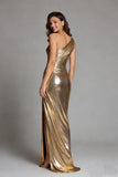 Metallic Golden Ruched One Shoulder Long Prom Dress With Slit