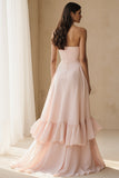 Light Pink Strapless A Line Long Prom Dress With Ruffles