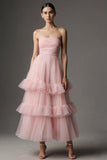 Pink Strapless Tiered A Line Midi Prom Dress With Ruffles