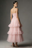 Pink Strapless Tiered A Line Midi Prom Dress With Ruffles