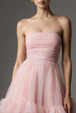 Pink Strapless Tiered A Line Midi Prom Dress With Ruffles