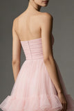 Pink Strapless Tiered A Line Midi Prom Dress With Ruffles