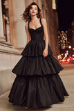 Black A Line Tiered Ruffle Long Prom Dress