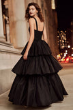 Black A Line Tiered Ruffle Long Prom Dress