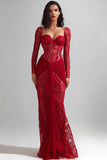 Red Mermaid Lace Long Sleeve Prom Dress with Sash