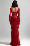 Red Mermaid Lace Long Sleeve Prom Dress with Sash