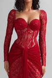 Red Mermaid Lace Long Sleeve Prom Dress with Sash