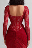 Red Mermaid Lace Long Sleeve Prom Dress with Sash