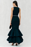 Navy Bateau Neck Mermaid Long Formal Dress With Ruffles