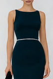 Navy Bateau Neck Mermaid Long Formal Dress With Ruffles