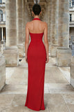 Red Sheath Halter Ruched Long Prom Dress