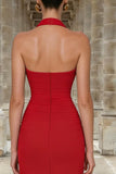 Red Sheath Halter Ruched Long Prom Dress