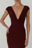 Mermaid Cabernet V-Neck Short Sleeves Long Formal Dress